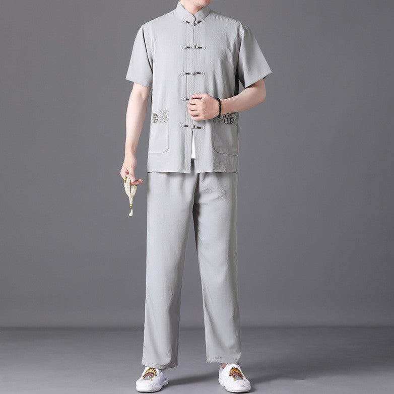 Auspicious Embroidery Short Sleeve Chinese Style Leisure Suit with Strap Buttons