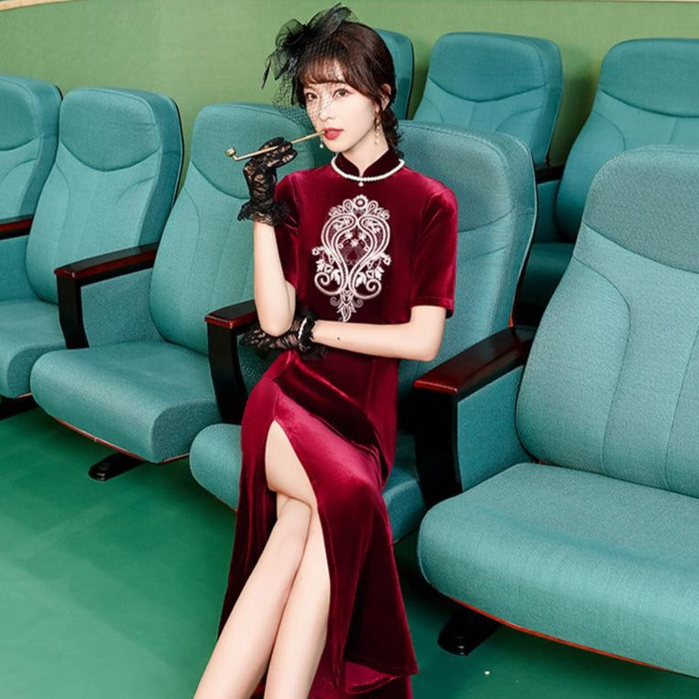 Auspicious Embroidery Velvet Modern Cheongsam Mermaid Qipao Dress