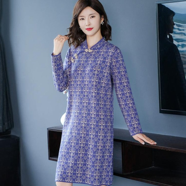 Auspicious Pattern Long Sleeve Modern Cheongsam A-line Knit Dress