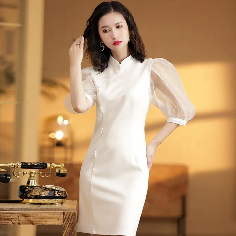 Balloon Sleeve Knee Length Retro Cheongsam Shanghai Style Chinese Dress