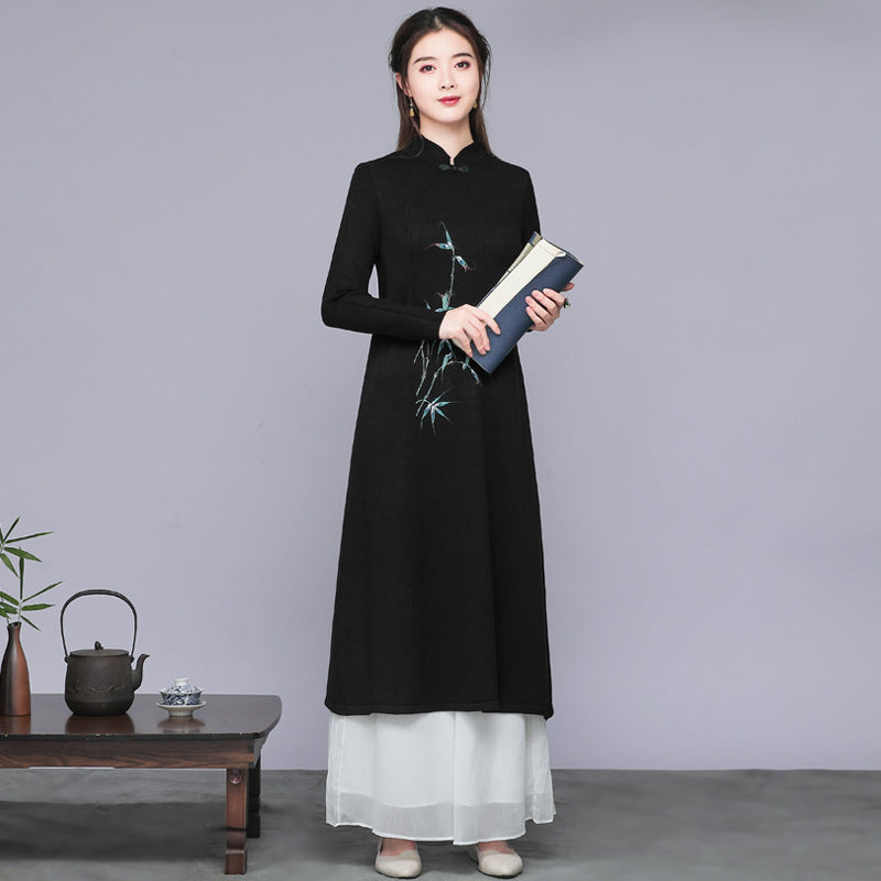 Bamboo Pattern Mandarin Collar Liziqi Hanfu Knitwear Traditional Chinese Costume