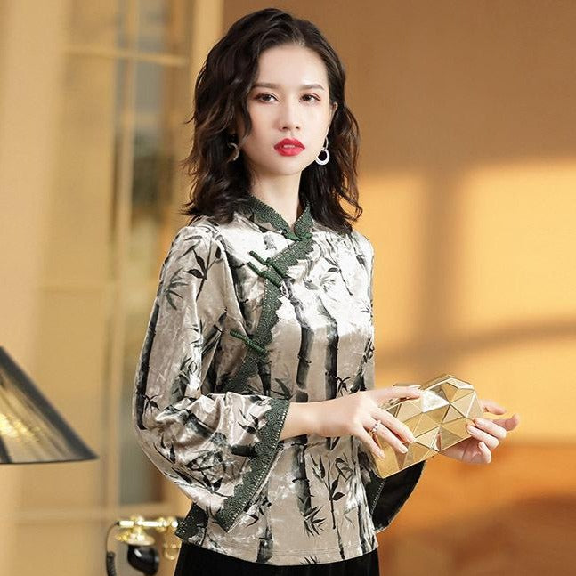 Bamboo Pattern Velvet Women's Chinese Jacket Cheongsam Top