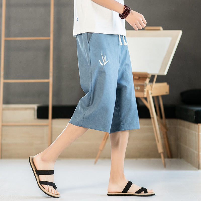 Bamboo Leaf Embroidery Linen Beach Pants Loose Pants Chinese Style Shorts