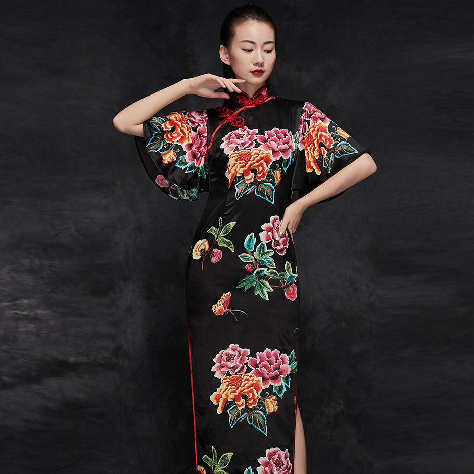 Batwing Sleeve Floral Silk Retro Cheongsam Chinese Dress