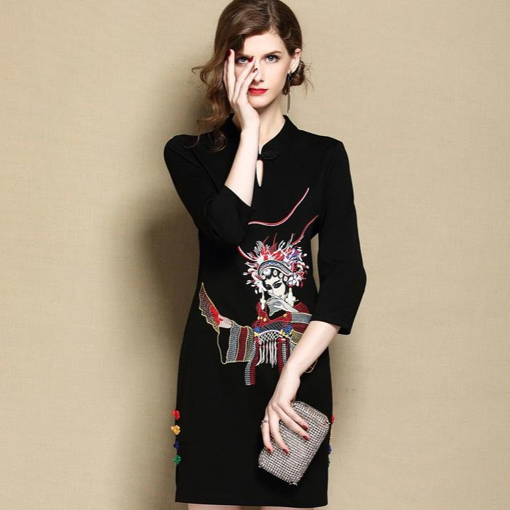 Beijing Opera Facial Mask Knee Length Bodycon Retro Cheongsam Dress