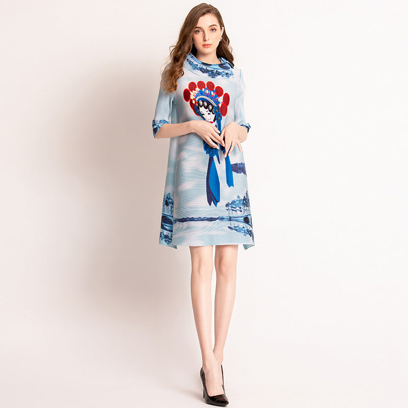 Beijing Opera Pattern Half Sleeve A-line Dress