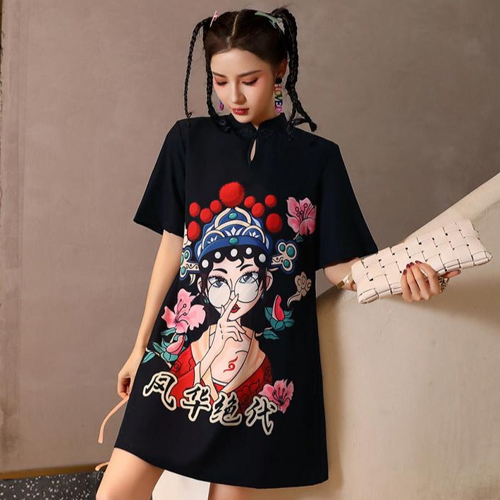 Beijing Opera Print Modern Cheongsam Chic A-line Dress