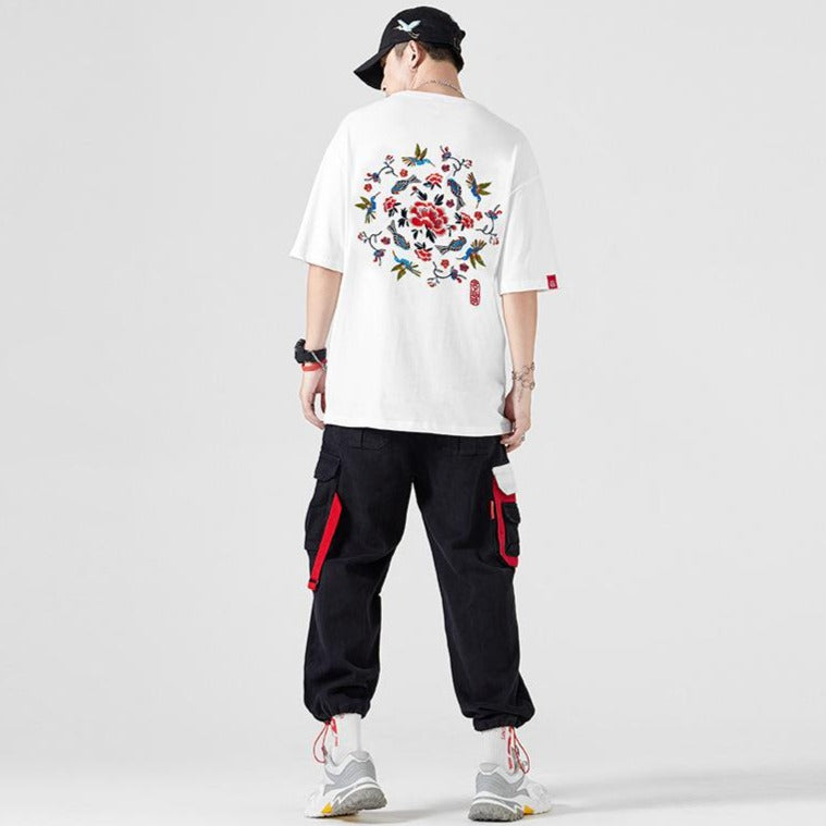 Bird & Floral Embroidery 100% Cotton Round Neck Chinese T-shirt