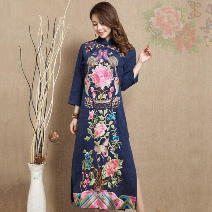 Bird & Floral Embroidery 3/4 Sleeve Tea Length Chinese Dress