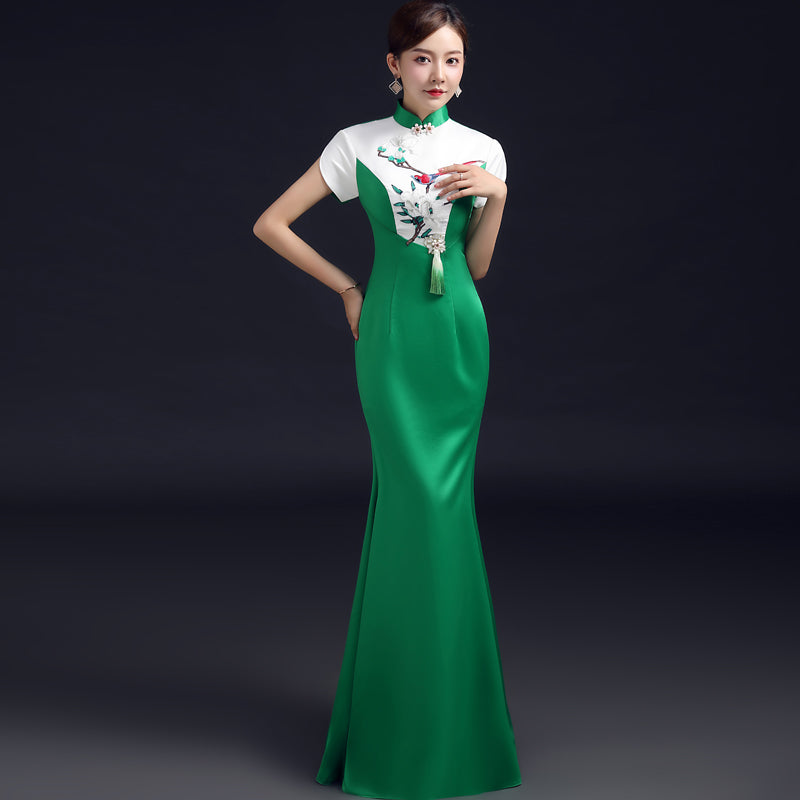 Bird & Floral Embroidery Cheongsam Top Mermaid Evening Dress with Tassel