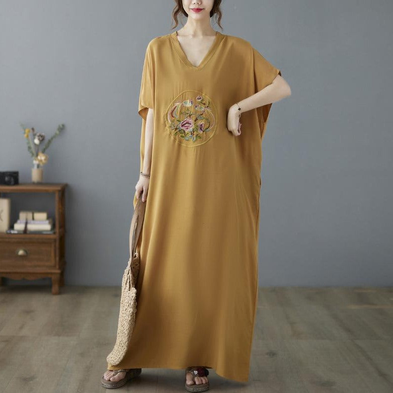 Bird & Floral Embroidery Ramie Fabric Robe Chinese Style Casual Dress