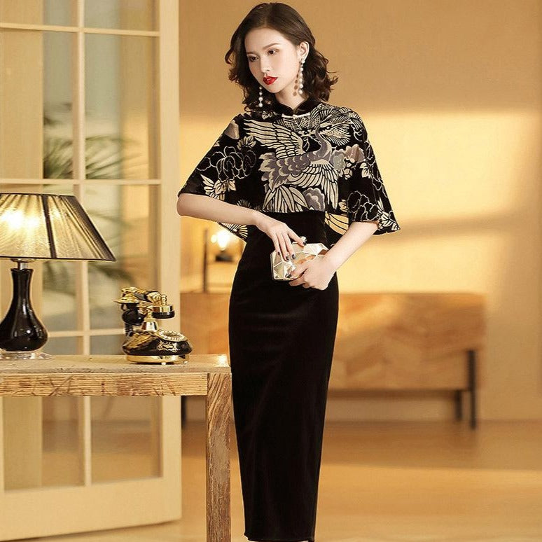 Bird Pattern Splicing Cloak Cheongsam Chinese Style Evening Dress