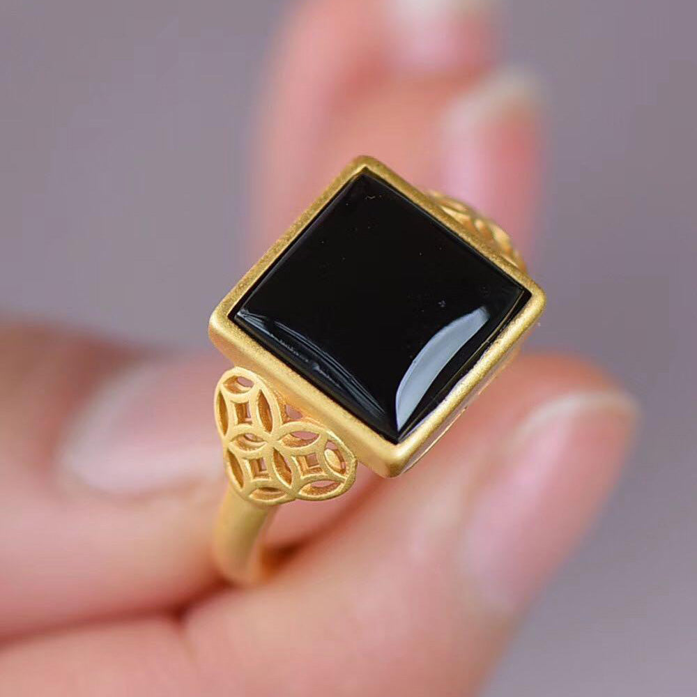 Black Agate Chinese Style Gilding Silver Ring