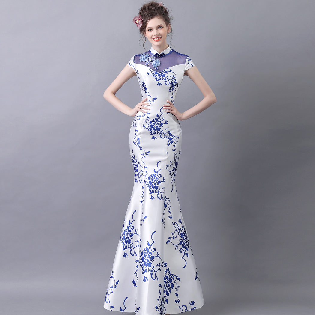 Blue & White Porcelain Mermaid Cheongsam Chinese Style Wedding Dress