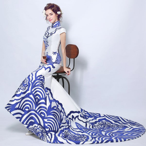 Blue & White Porcelain Pattern Chinese Style Wedding Dress with Cathedral Train