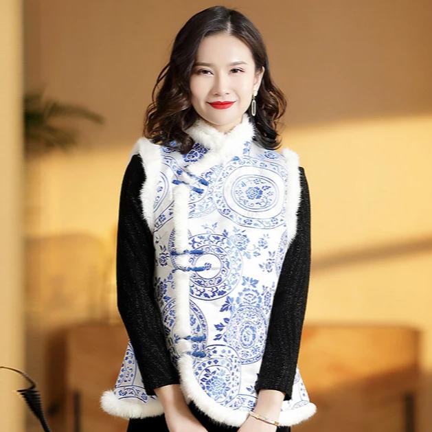 Blue & White Porcelain Pattern Fur Edge Chinese Wadded Waistcoat Vest