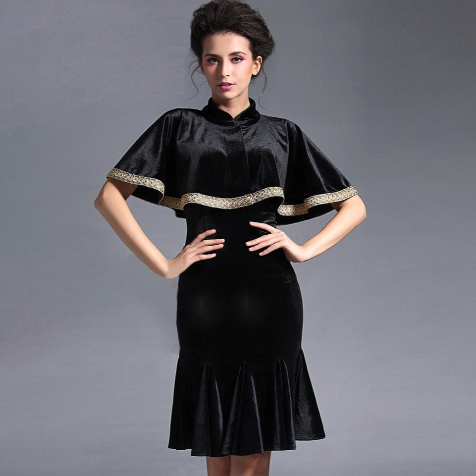 Boat Neck Knee Length Velvet Pencil Dress with Cape