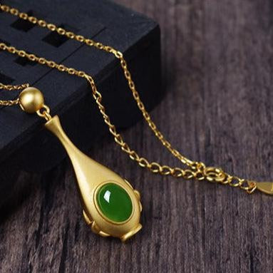 Bottle Shape Green Jade Pendant Gilding Necklace