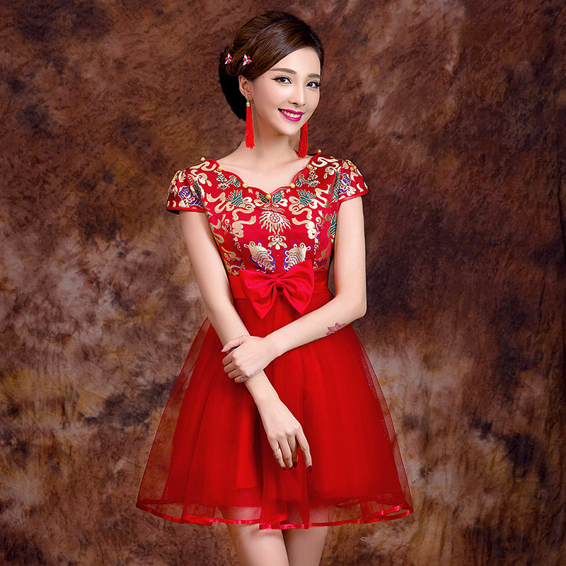 Brocade Top Tulle Skirt Chinese Wedding Dress with Bowknot