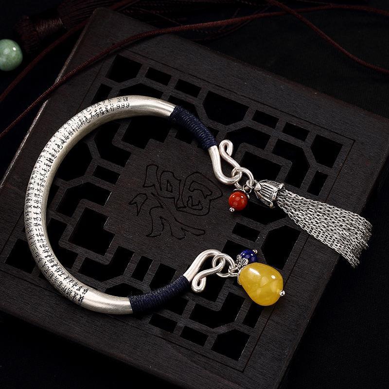 Buddhist Scriptures Pattern Retro Sterling Silver Open Bracelet