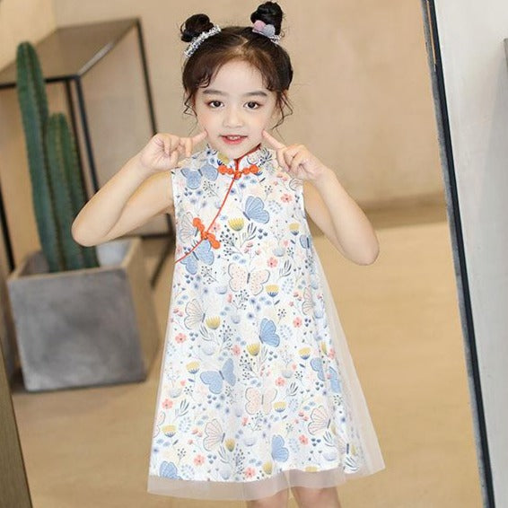 Buttefly & Flowers Pattern Kid's Cheongsam Chiffon Chinese Dress