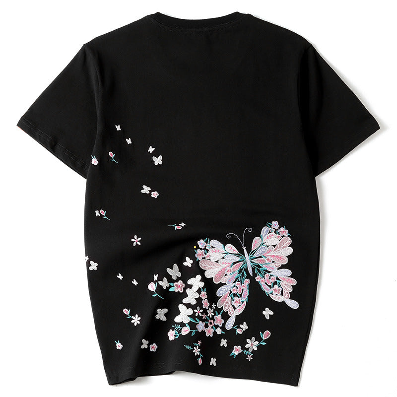 Butterfly Embroidery 100% Cotton Short Sleeve Unisex T-shirt