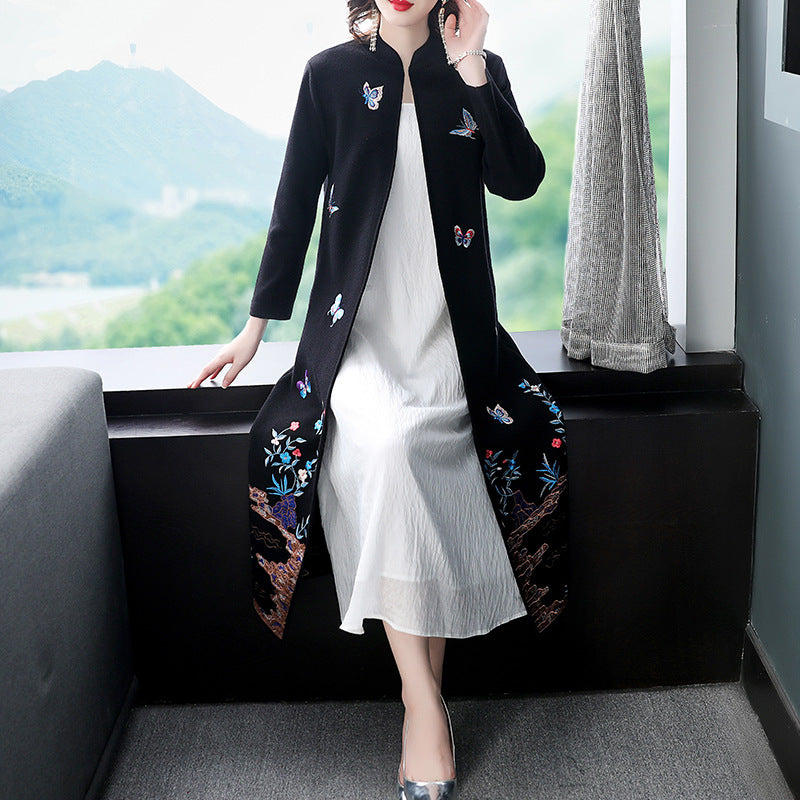 Butterfly Embroidery Mandarin Collar Chinese Style Wool Coat Wind Coat