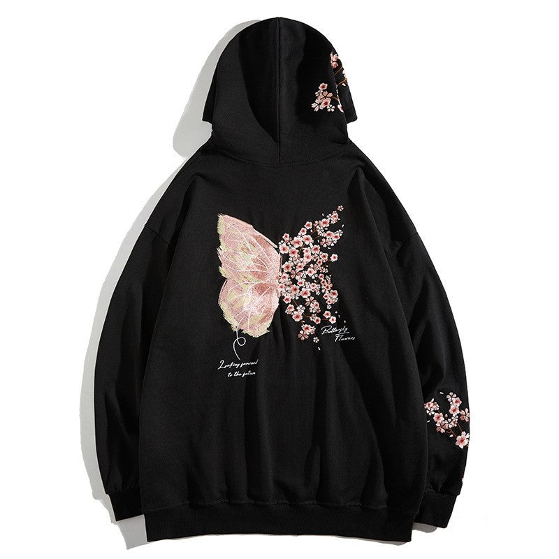 Butterfly Flower Embroidery Unisex Oriental Hoodie Cotton Sweatshirt