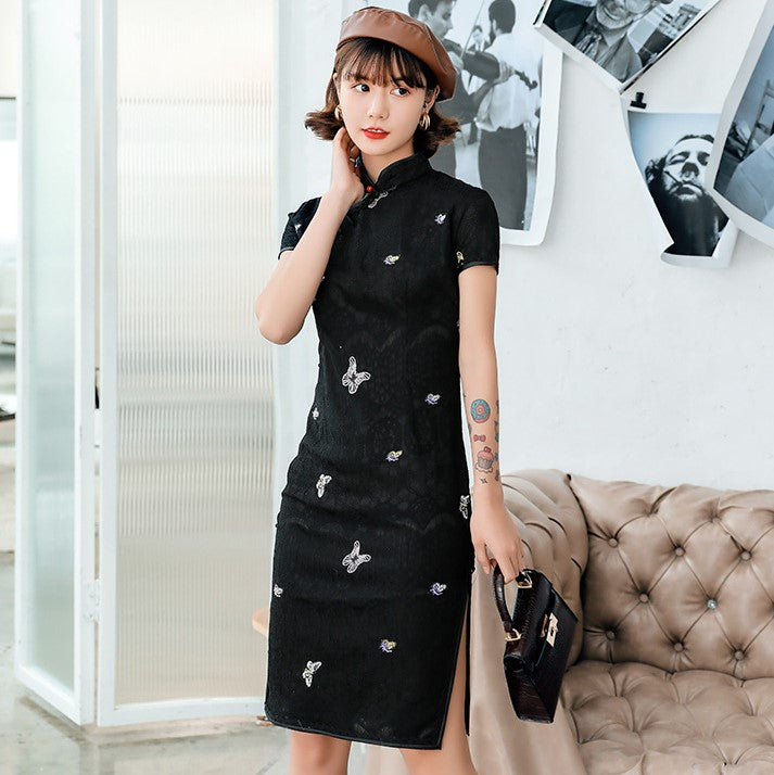 Butterfly Pattern Mini Cheongsam Retro Lace Chinese Dress