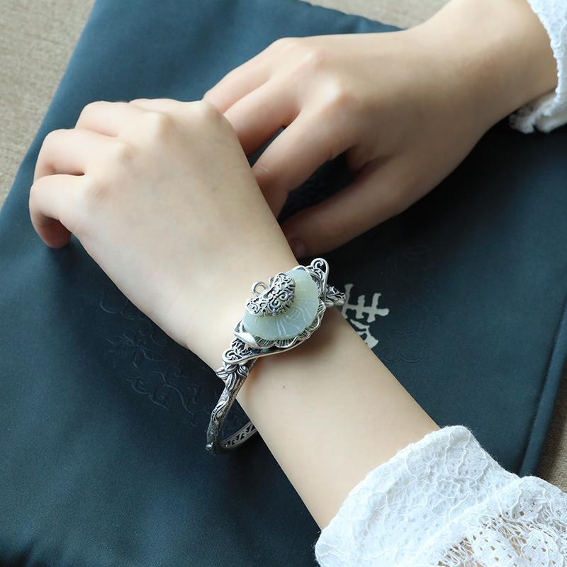 Butterfly & Ruyi Design Retro Sterling Silver Open Bracelet