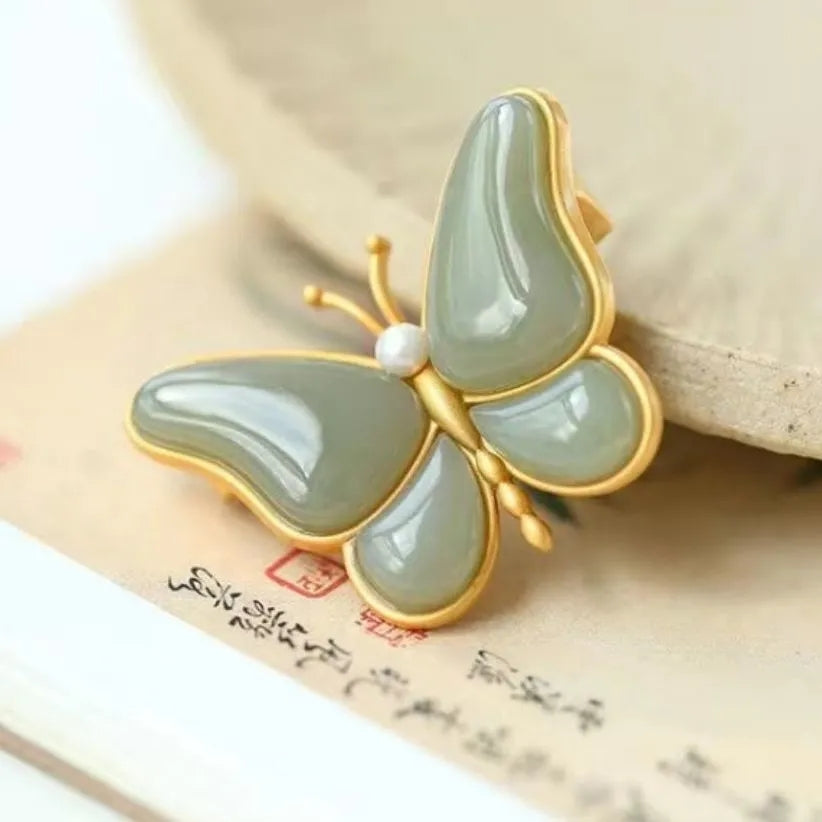 Butterfly Shape Retro Green Jade Gilding Brooch