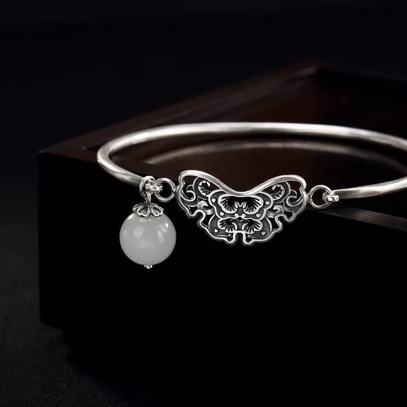 Butterfly Shape Retro Sterling Silver Open Bracelet with Jade Pendant