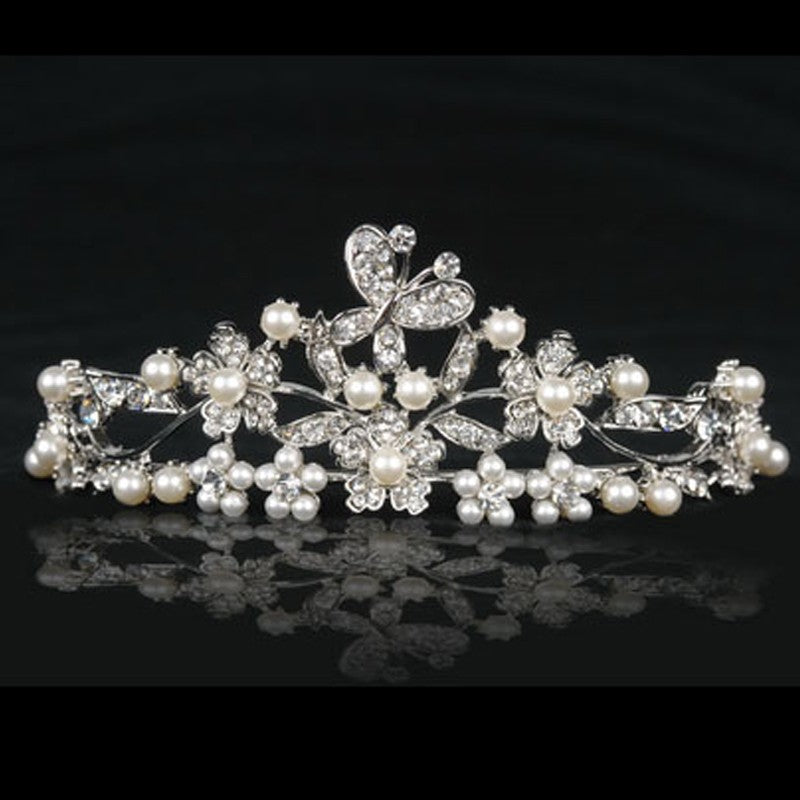 Butterfly Shape Tiara Crown with Rhinestones & Pearls