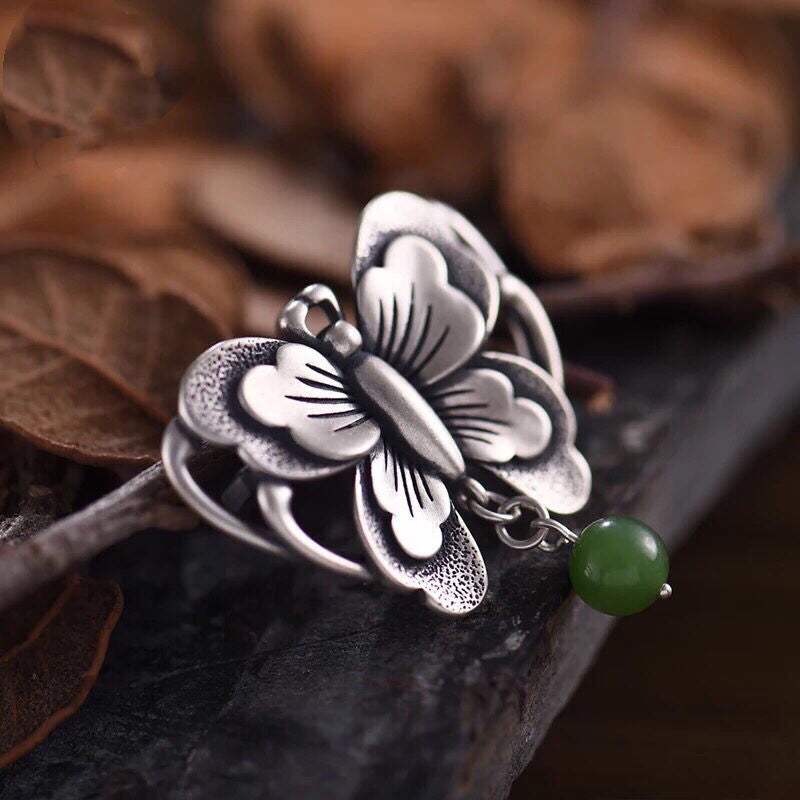 Butterfly Shape with Green Jade Sterling Silver Brooch