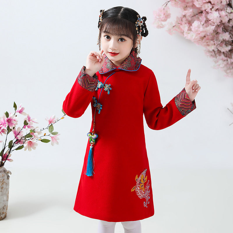 Calp Pattern Cheongsam Top Wool Girl's Chinese Dress