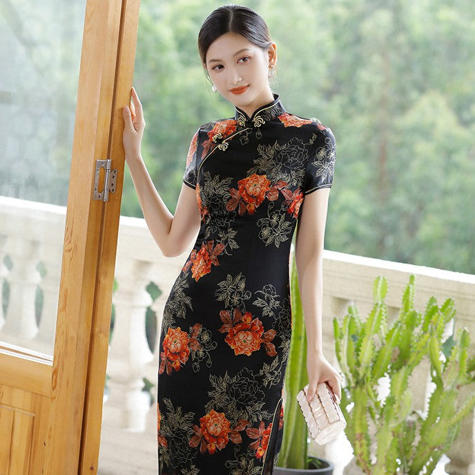 Cap Sleeve Begonia Pattern Silk Traditional Cheongsam Chinese Dress Mother Dress