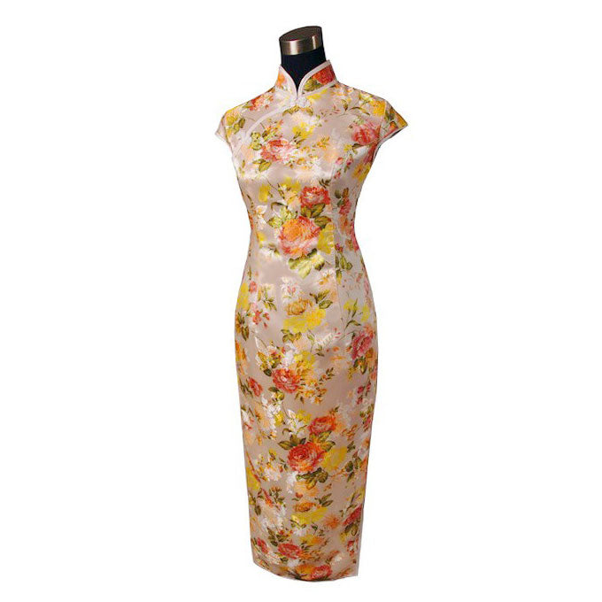 Cap Sleeve Brocade Cheongsam Floral Chinese Dress