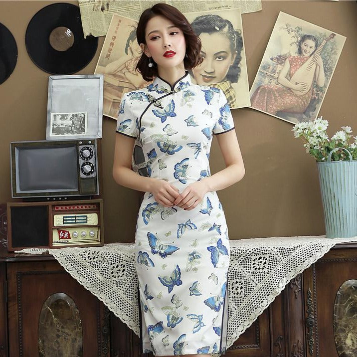 Cap Sleeve Butterflies Pattern Retro Cheongsam Silk Chinese Dress