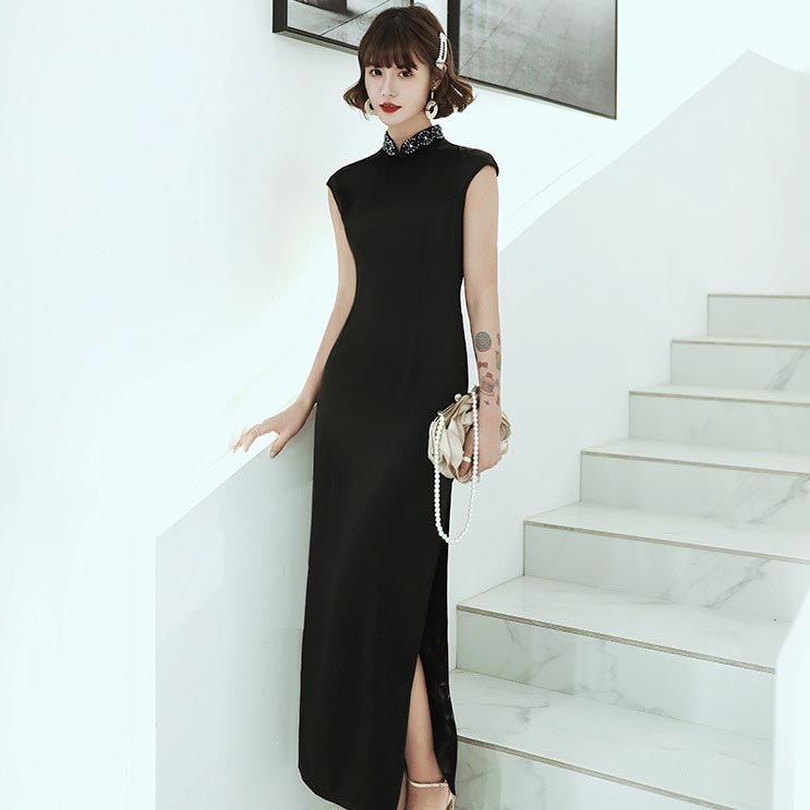 Cap Sleeve Cheongsam Long Evening Dress with Floral Beading Collar