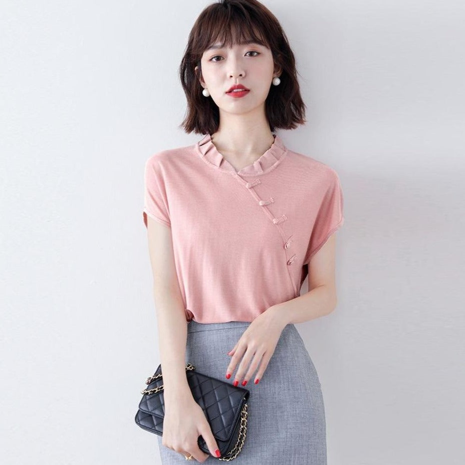 Cap Sleeve Cheongsam Top Chinese Style Casual Knit Shirt