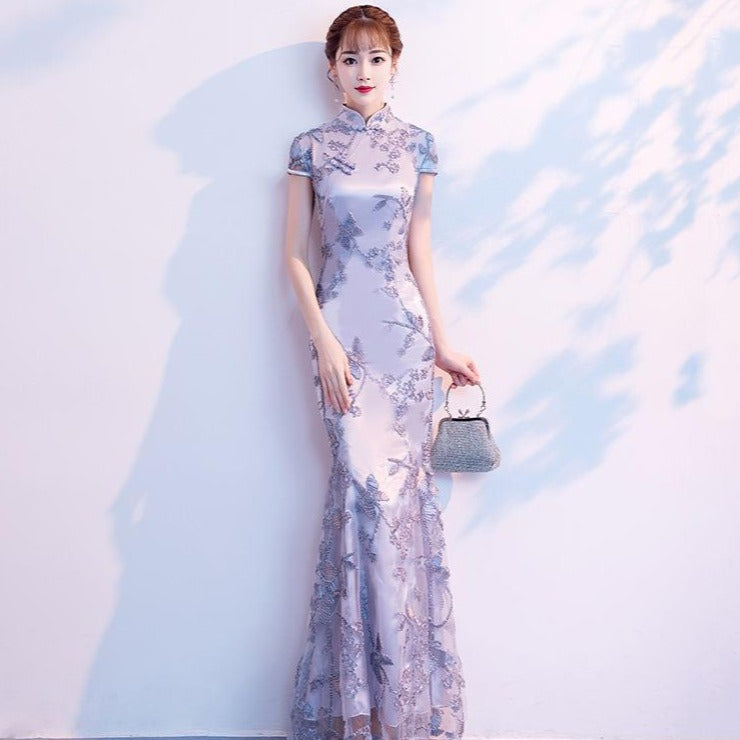 Cap Sleeve Cheongsam Top Floral Lace Mermaid Evening Dress