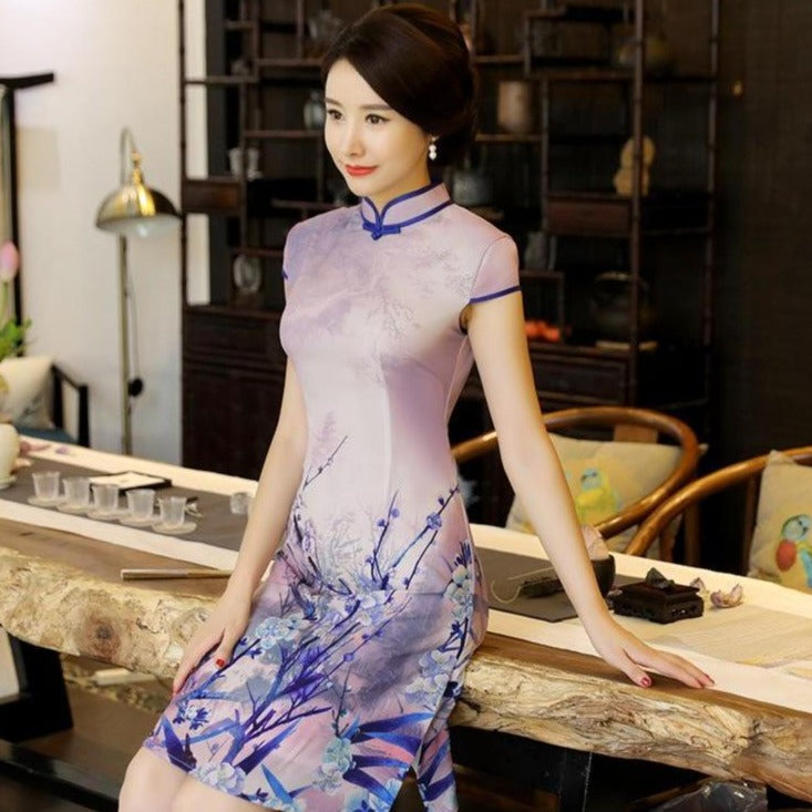 Cap Sleeve Cheongsam Top Knee Length Floral Chinese Dress