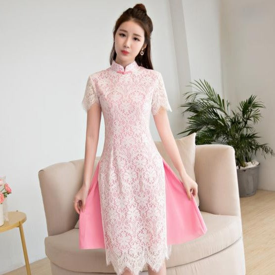 Cap Sleeve Cheongsam Top Knee Length Floral Lace Ao Dai Dress