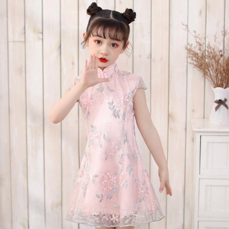 Cap Sleeve Cheongsam Top Pleated Skirt Floral Lace Girl's Chinese Dress