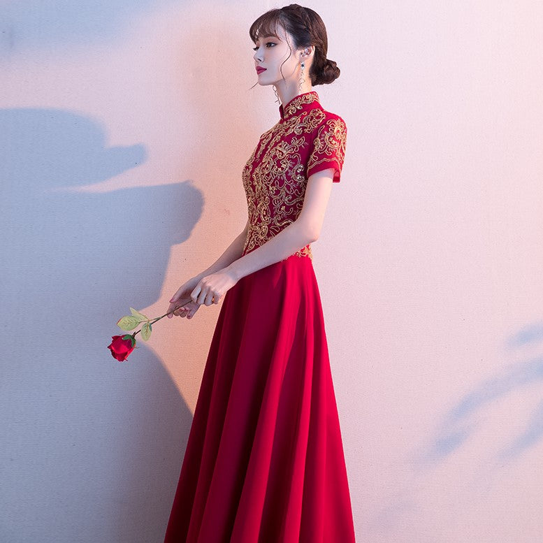 Cap Sleeve Floral Appliques Mandarin Collar Full Length Oriental Evening Dress