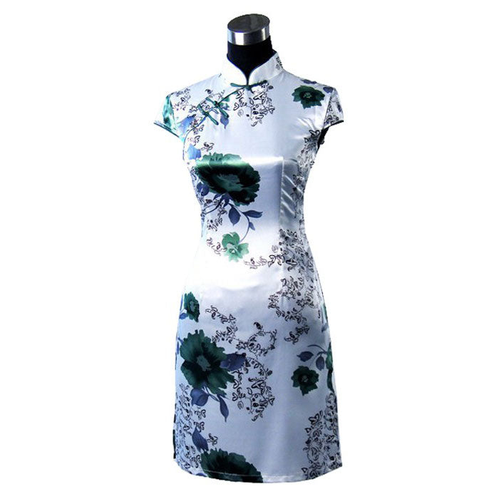 Cap Sleeve Floral Cheongsam Knee Length Chinese Dress