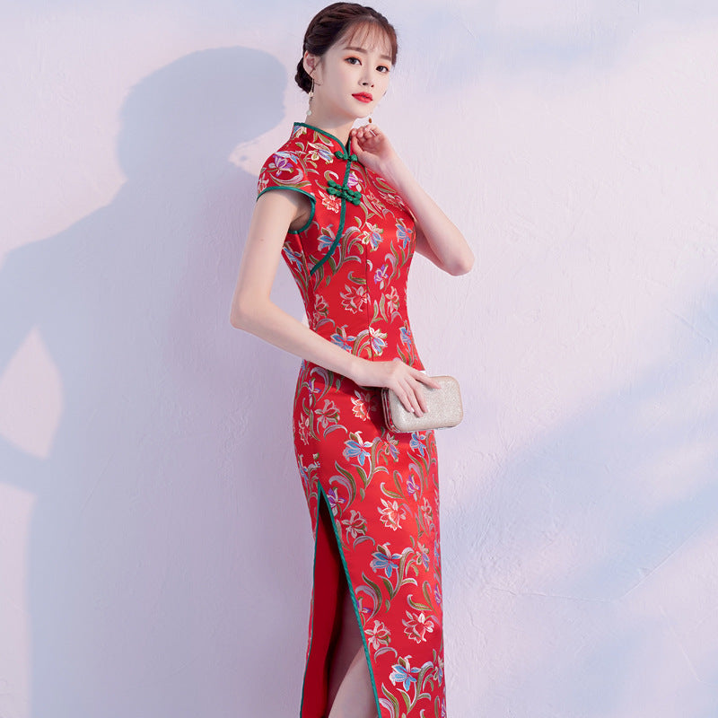 Cap Sleeve Floral Cotton Cheongsam Qipao Chinese Dress