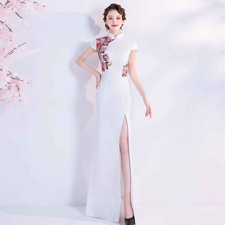 Cap Sleeve Floral Embroidery Appliques Cheongsam Top A-line Evening Dress