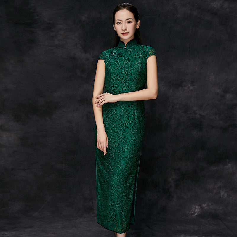 Cap Sleeve Floral Lace Bodycon Cheongsam Chinese Evening Dress