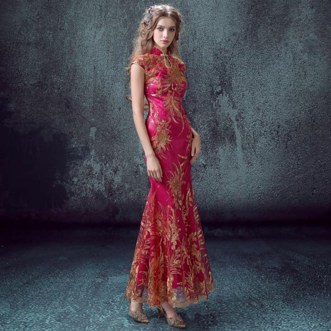 Cap Sleeve Floral Lace Full Length Mermaid Cheongsam Evening Dress